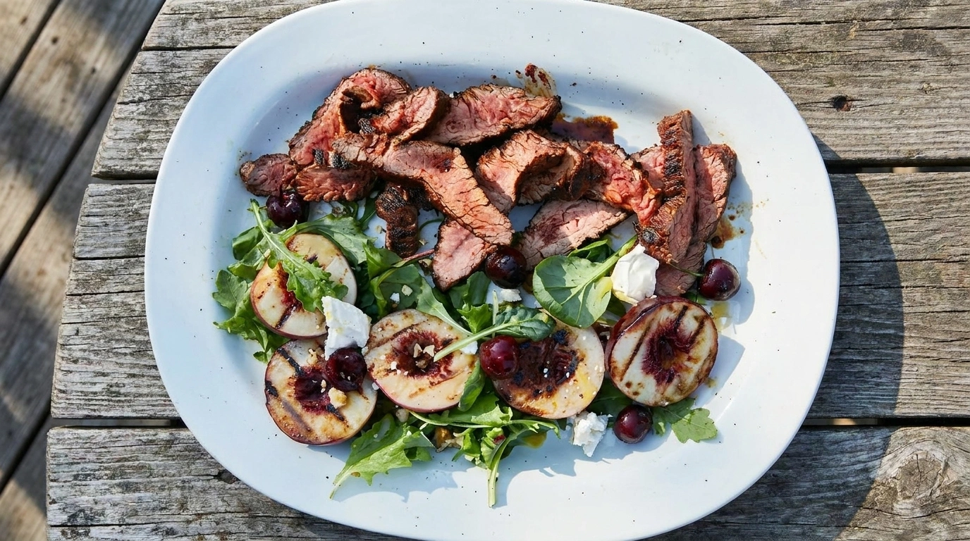 Grillad flankstek med nektarin och chèvre | Lyxig grillmiddag